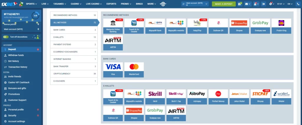 Methods for deposit funds at 1xBet Cambodia